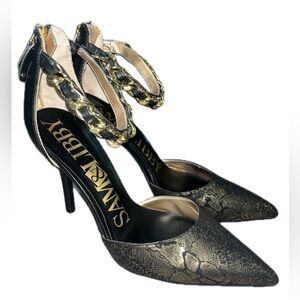 Sam & Libby Dylan Gold Black Ankle Chain Strap Stiletto 4" Heels Shoes, Size 9.5